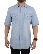 Wrangler - Kortärmad Western Denimskjorta - Ljusblå