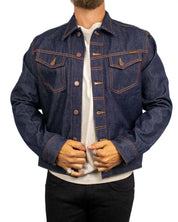 Nudie Conny Denim Jacket Dry One i rå indigo, framsida med kopparknappar