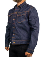 Nudie Conny Denim Jacket Dry One i rå indigo, baksida med brodyr på oket