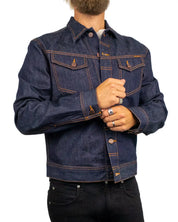 Nudie Conny Denim Jacket Dry One, närbild på orange sömmar och bröstficka