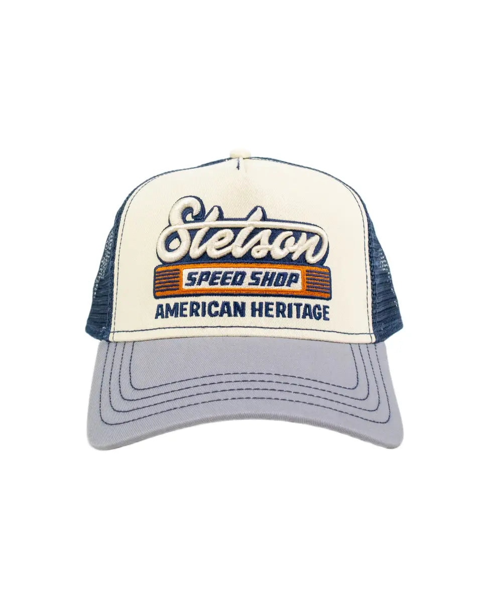 Stetson Speed Shop truckerkeps i benvitt och marinblått, framifrån