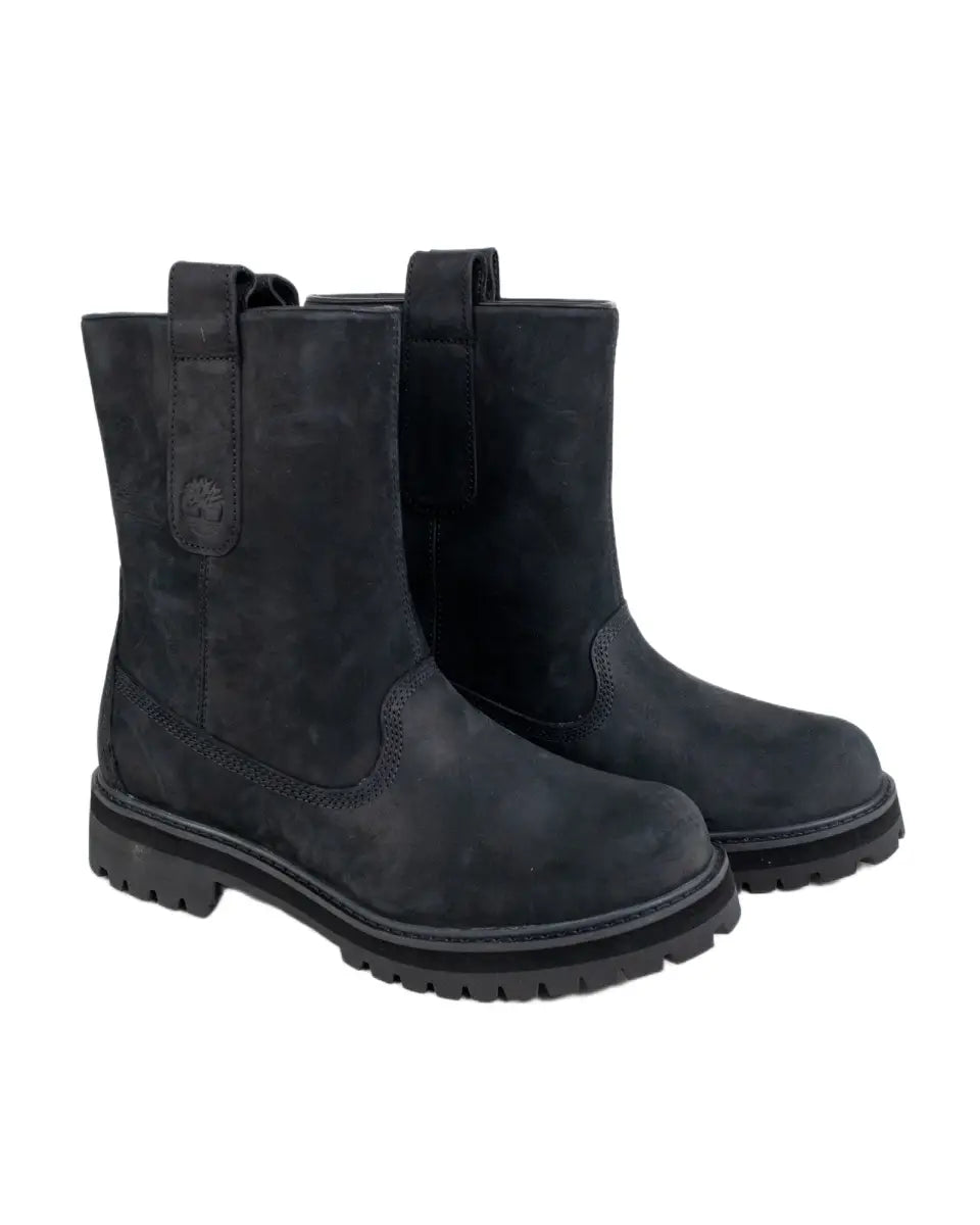 Timberland Heritage Mid Pull On känga i svart, paret snett framifrån