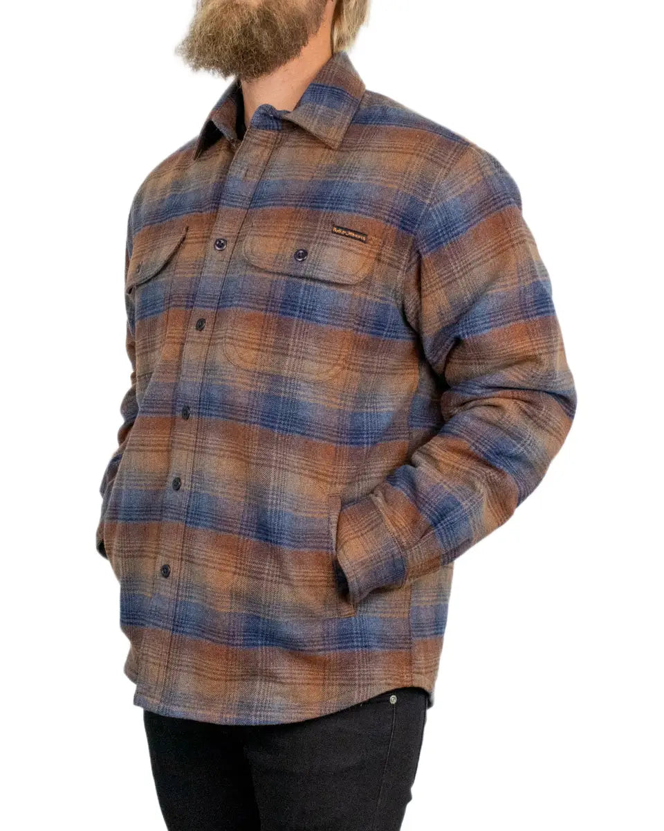 Nudie Glenn Padded Check overshirt i brun och blå ruta, sedd snett framifrån