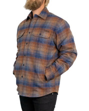 Nudie Glenn Padded Check overshirt i brun och blå ruta, sedd snett framifrån