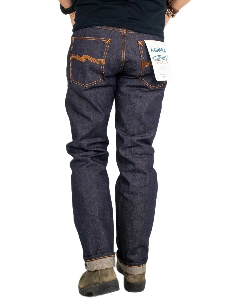 Nudie Rad Rufus Dry Selvage jeans, baksida med orange sömmar