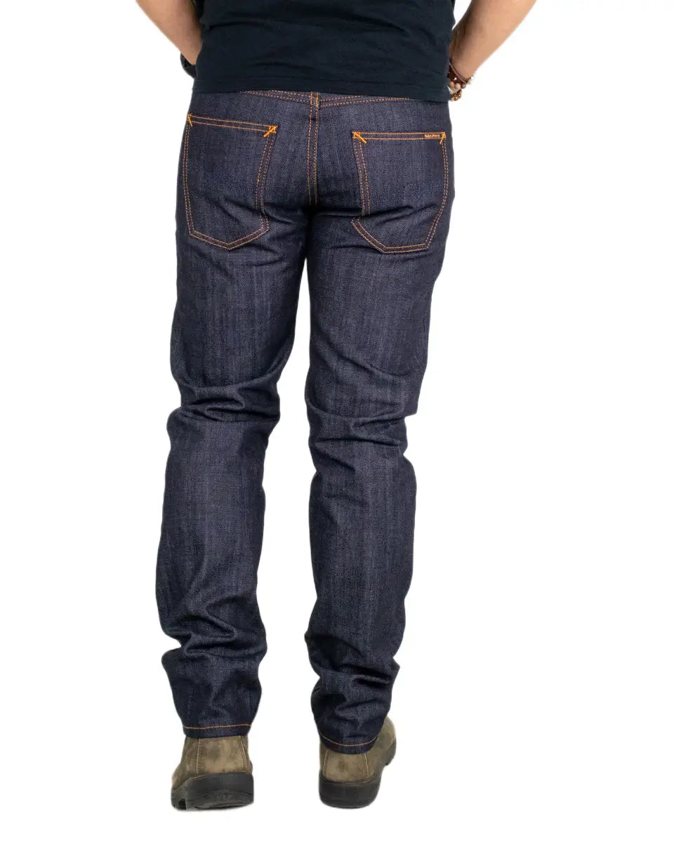 Nudie Gritty Jackson Blue Dry Two jeans, bakfickor med orange sömtråd