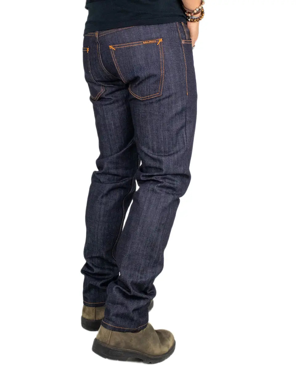 Nudie Gritty Jackson Blue Dry Two jeans, baksida med orange sömmar