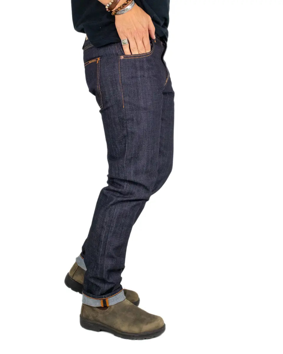 Nudie Gritty Jackson Blue Dry Two jeans, sida med uppvikt benslut