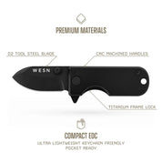 WESN Microblade svart, materialöversikt D2-stål och titanium frame lock