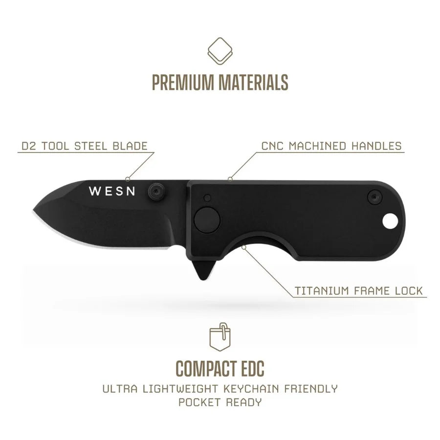 WESN Microblade svart, materialöversikt D2-stål och titanium frame lock