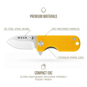 WESN Microblade fickkniv i gult, egenskaper D2-stål, CNC-bearbetat handtag
