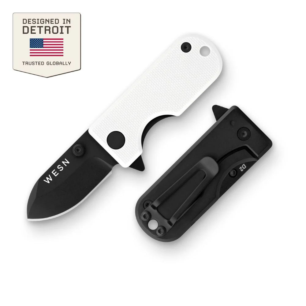 WESN Microblade fickkniv i vit, öppen och stängd jämförelse
