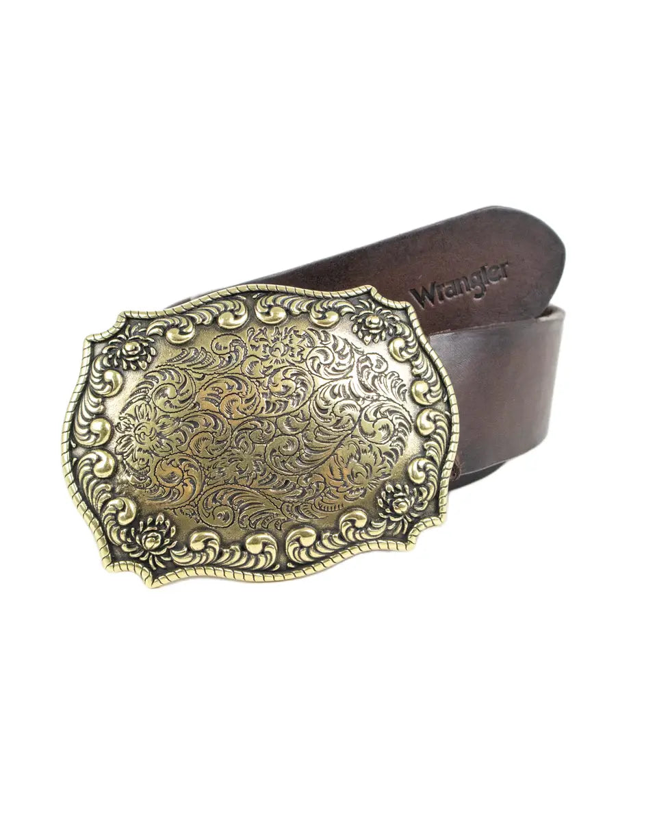 Wrangler Oversized Buckle Belt i brunt läder med guldfärgat westernspänne, framsida