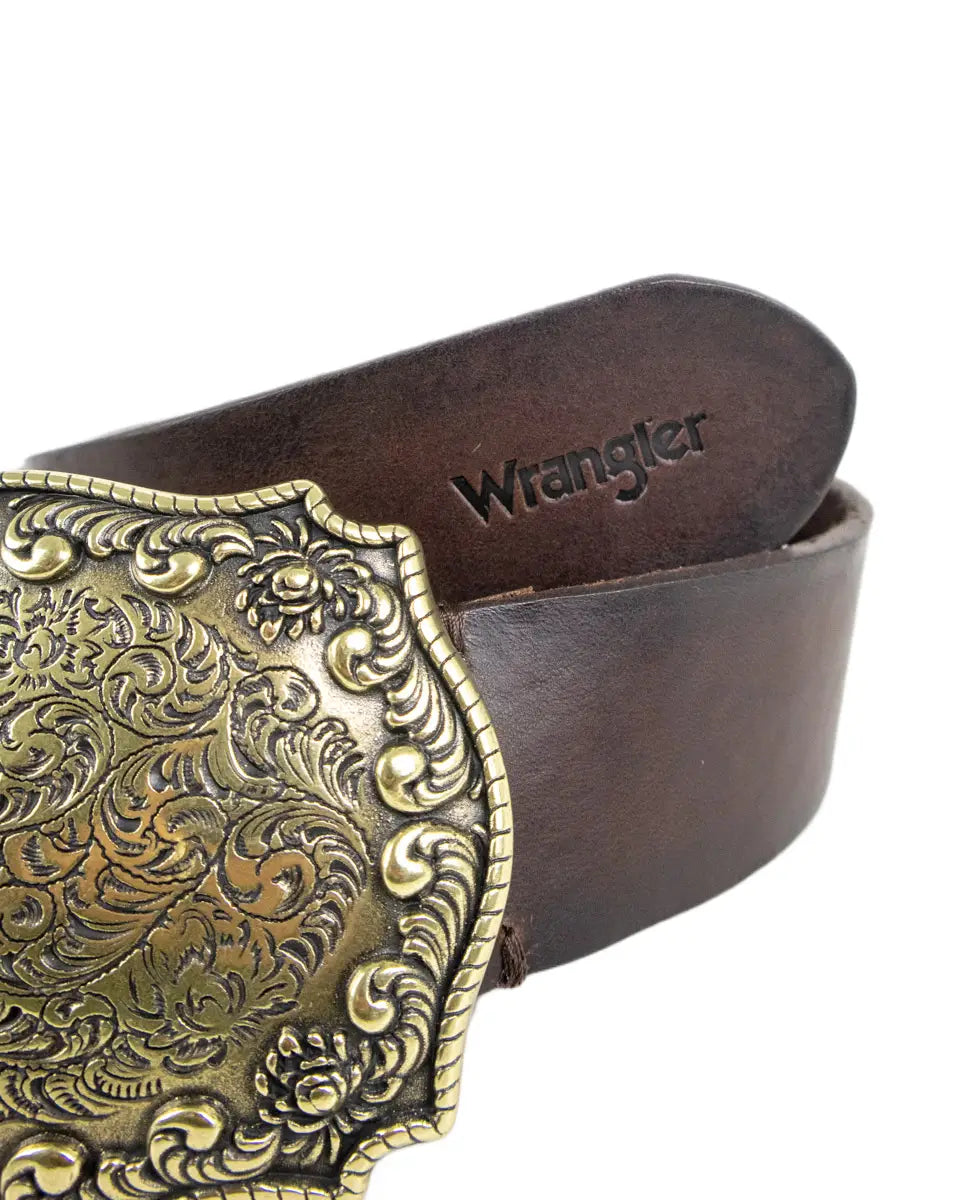 Wrangler Oversized Buckle Belt i brunt läder, spänne detalj