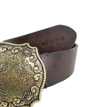 Wrangler Oversized Buckle Belt i brunt läder, spänne detalj