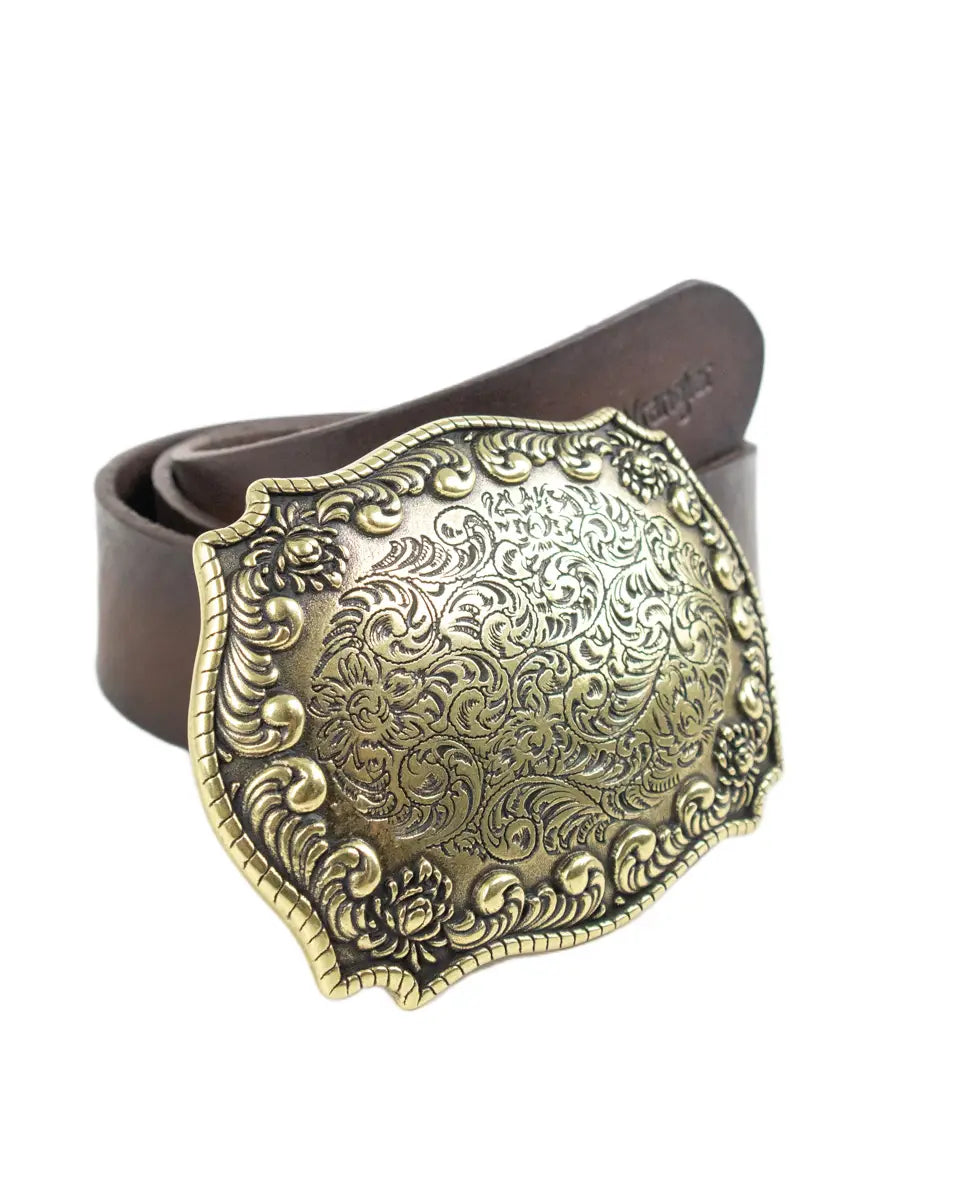 Wrangler Oversized Buckle Belt i brunt läder, vinkel