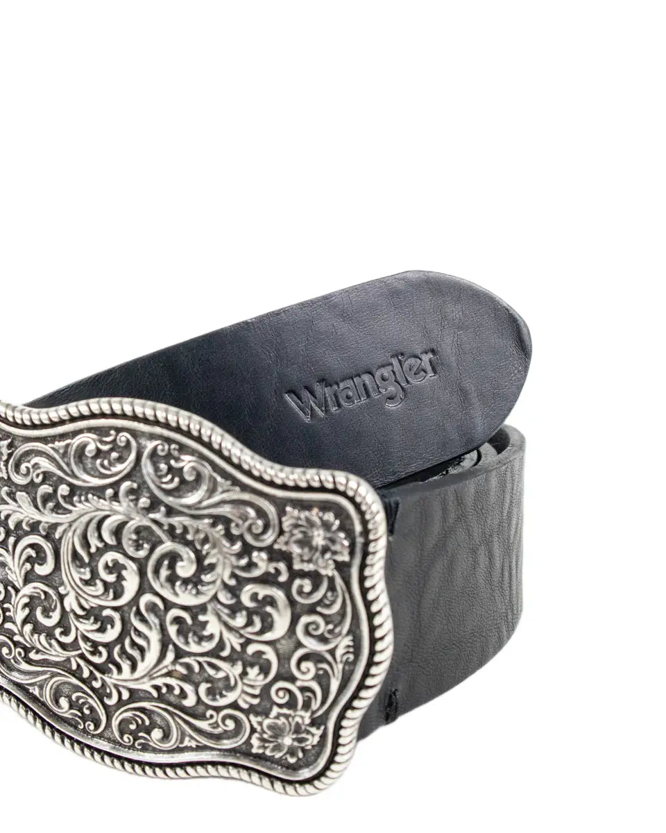 Wrangler Western Belt i svart läder, spänne detalj