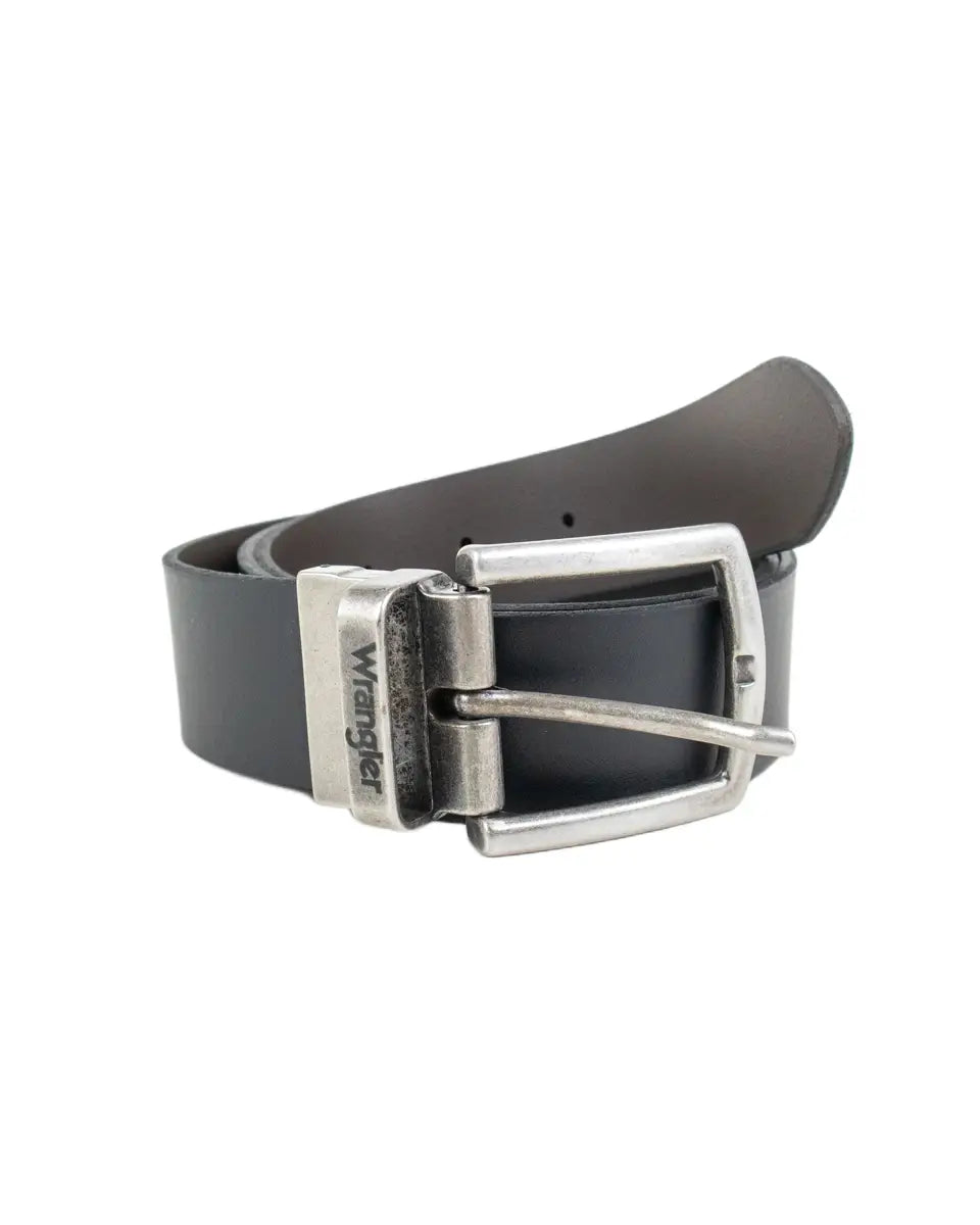 Wrangler 2 Sided vändbart bälte i svart läder med silverfärgat spänne, framsida