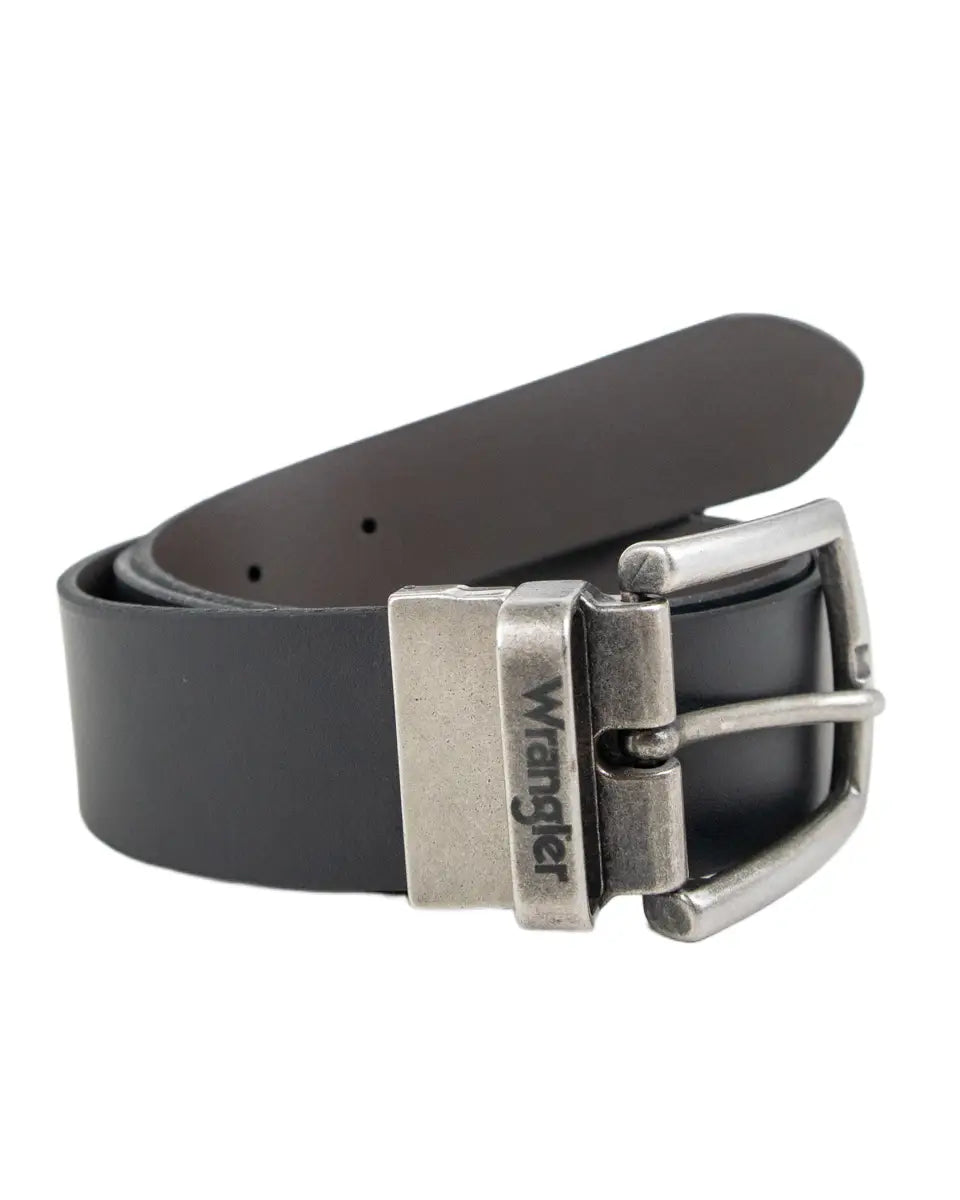 Wrangler 2 Sided vändbart bälte i svart läder, vinkel