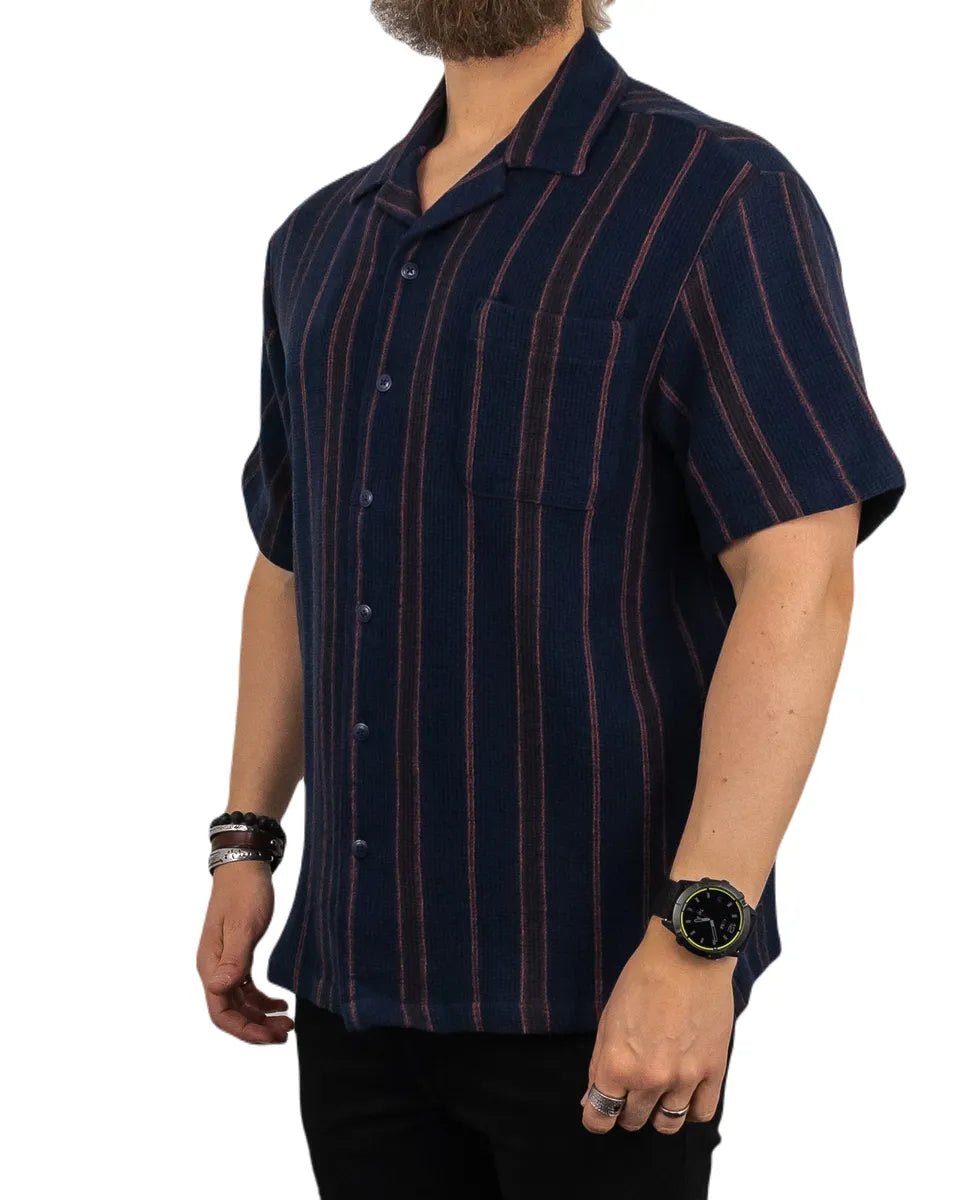 Brixton - Kortärmad Skjorta - Våfflad Randig Bunker - Navy Blå - jhstore.se