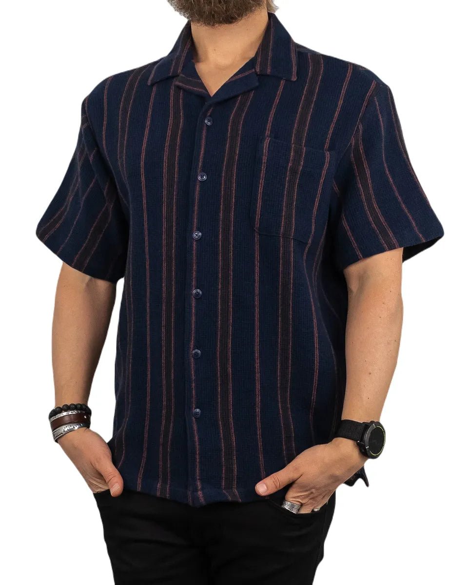 Brixton - Kortärmad Skjorta - Våfflad Randig Bunker - Navy Blå - jhstore.se