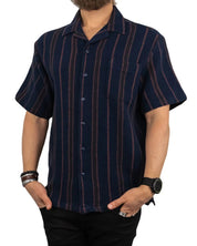 Brixton - Kortärmad Skjorta - Våfflad Randig Bunker - Navy Blå - jhstore.se