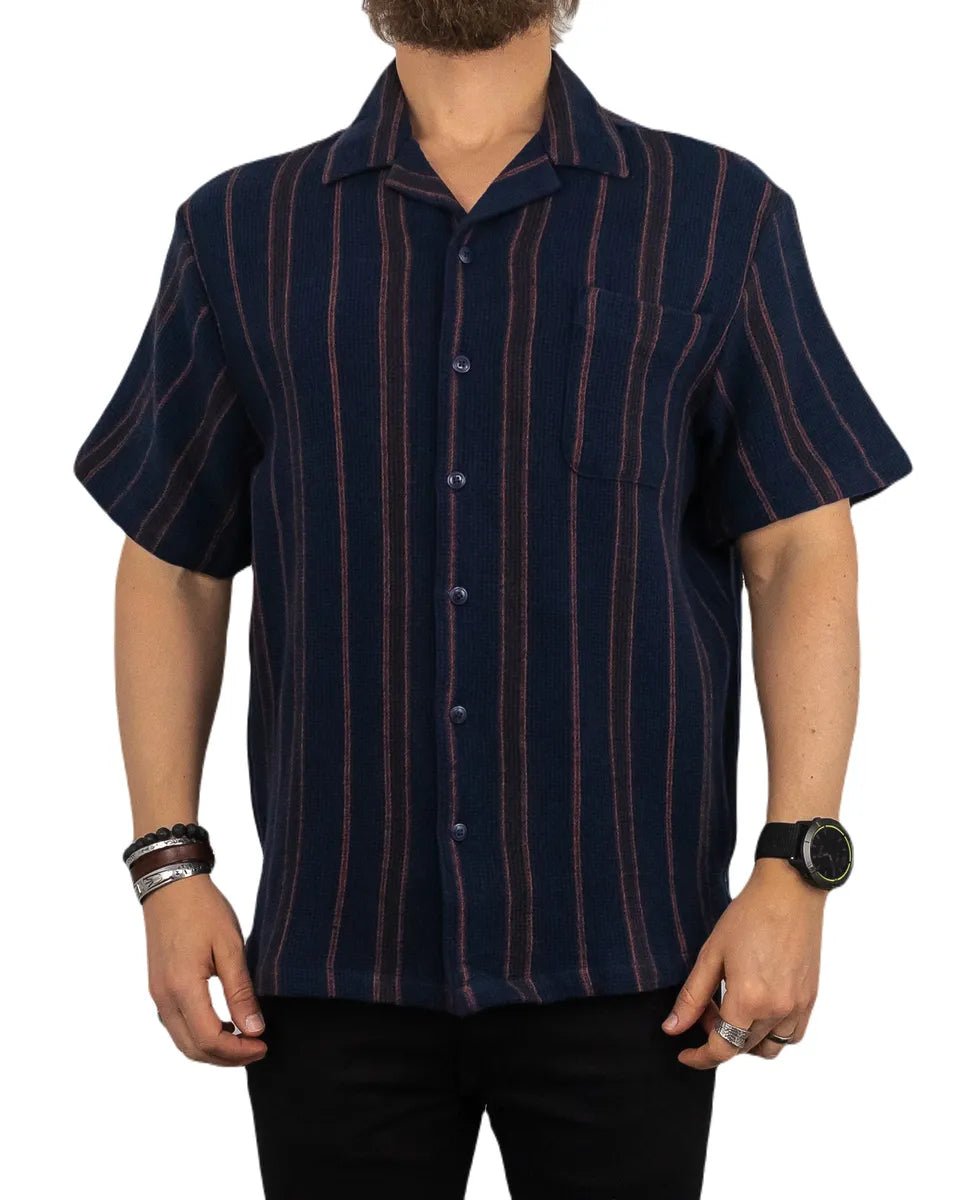 Brixton - Kortärmad Skjorta - Våfflad Randig Bunker - Navy Blå - jhstore.se