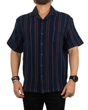 Brixton - Kortärmad Skjorta - Våfflad Randig Bunker - Navy Blå - jhstore.se