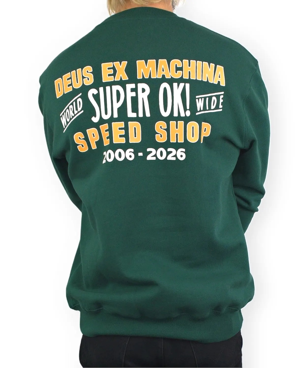 Deus Ex Machina Chessboxin Crew sweatshirt i grönt, baksida med stort Super OK Speed Shop-tryck