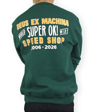 Deus Ex Machina Chessboxin Crew sweatshirt i grönt, baksida med stort Super OK Speed Shop-tryck