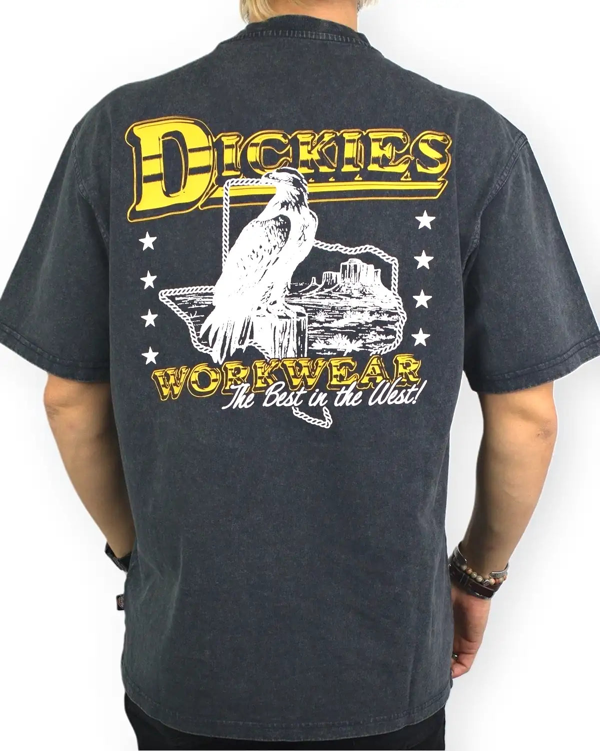 Dickies Gainesville T-shirt i tvättad svart, baksida med örn och Dickies Workwear-tryck