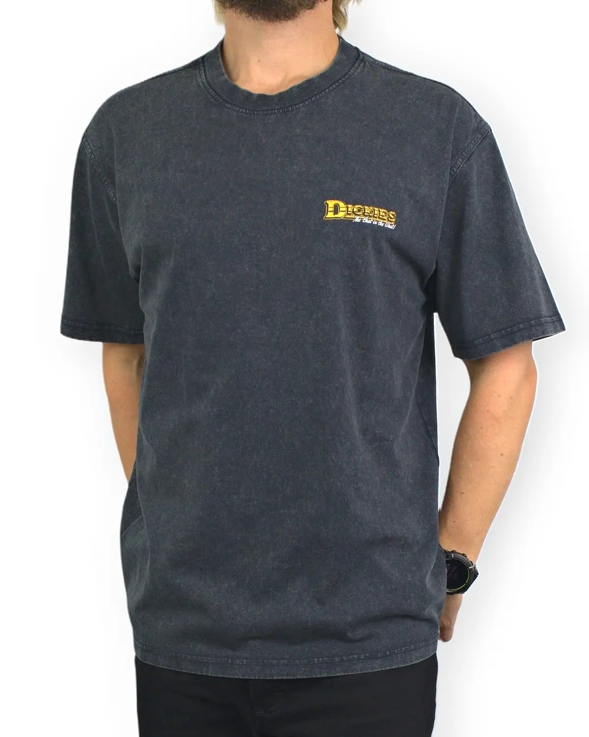 Dickies Gainesville T-shirt i tvättad svart, framsida med händerna i fickorna, på modell