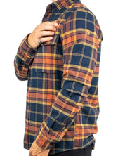 Fjällräven Övik Twill flanellskjorta i rostruta, detalj av ärm och läderlogga