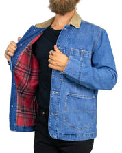 Lee 91LJ Chore Jacket Vintage Wear i blått, insida med rödrutigt foder