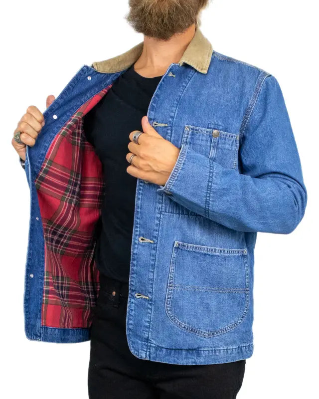Lee 91LJ Chore Jacket Vintage Wear i blått, insida med rödrutigt foder