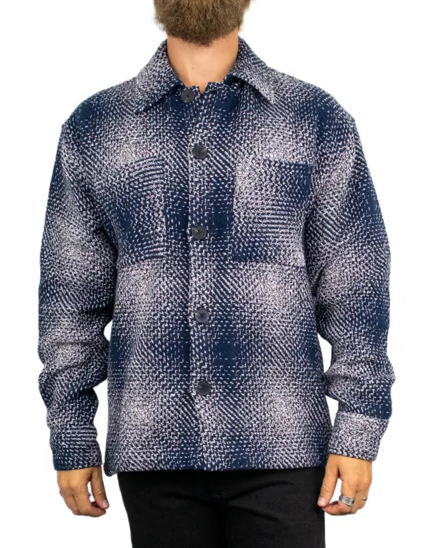 Resteröds Nolan Heavy Twill overshirt i marinblå skuggruta, framsida