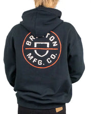 Brixton Crest II Hood svart hoodie, ryggtryck med Crest-stämpel i orange och vitt