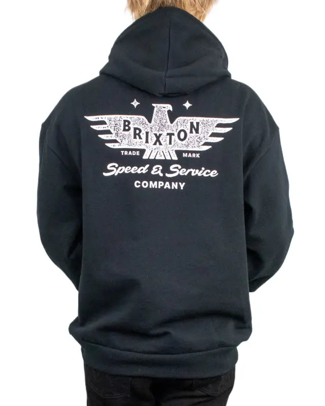 Brixton Ewing Hood svart hoodie, ryggtryck med thunderbird och Speed and Service Company