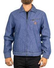 Brixton Mechanic Garage Zip Jacket i indigo fiskbensväv, framsida på modell