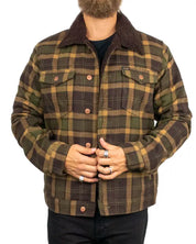 Wrangler Wool Trucker Jacket i olivgrön ruta med sherpakrage, framsida på modell