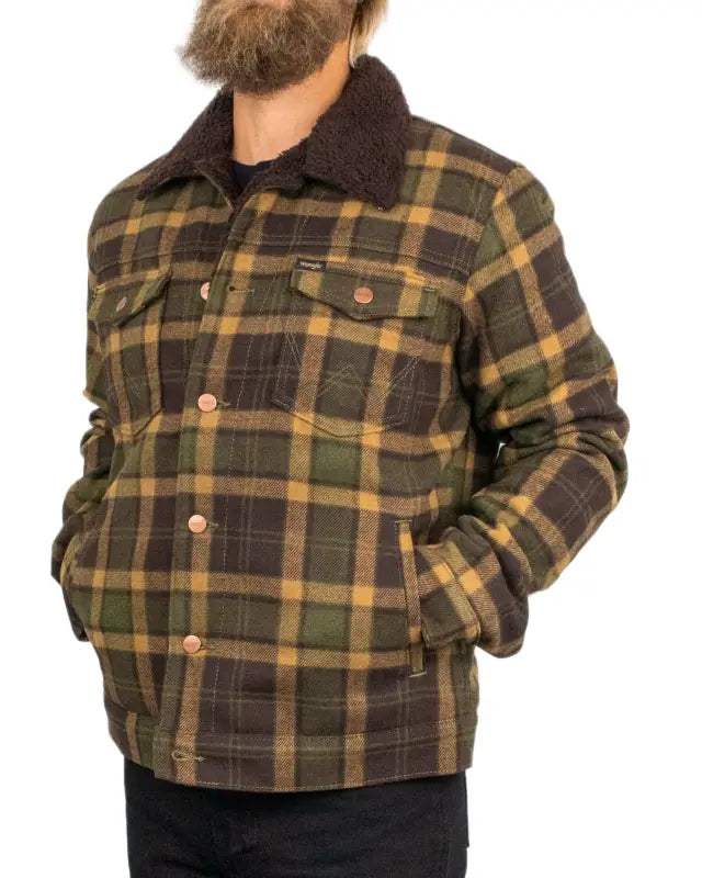 Wrangler Wool Trucker Jacket, detalj av bröstficka och tryckknappar