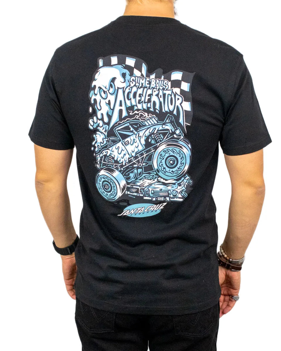 Santa Cruz Slime Balls Accelerator t-shirt i svart, baksida med hot rod-tryck