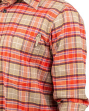Pike Brothers 1937 Roamer Shirt i Merida Red, närbild på ruta och bröstficka