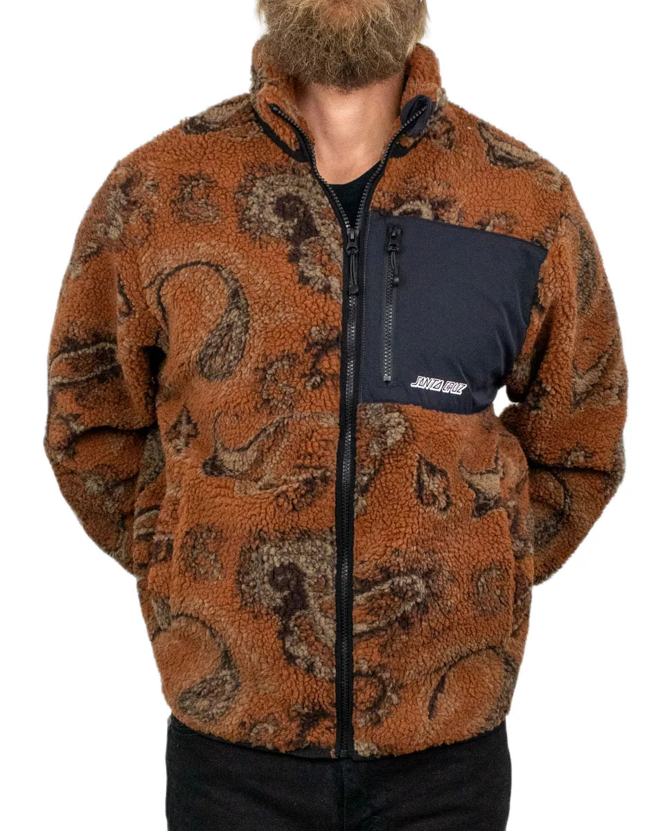 Santa Cruz Freestyle Jacket fleecejacka i rostbrun paisley, framsida med bröstficka