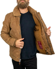 Iron & Resin Waxed Nautilus Jacket i brun vaxad canvas, öppen med sherpafoder