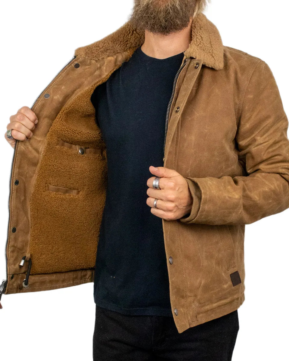Iron & Resin Waxed Nautilus Jacket i brun vaxad canvas, insidan med sherpafoder