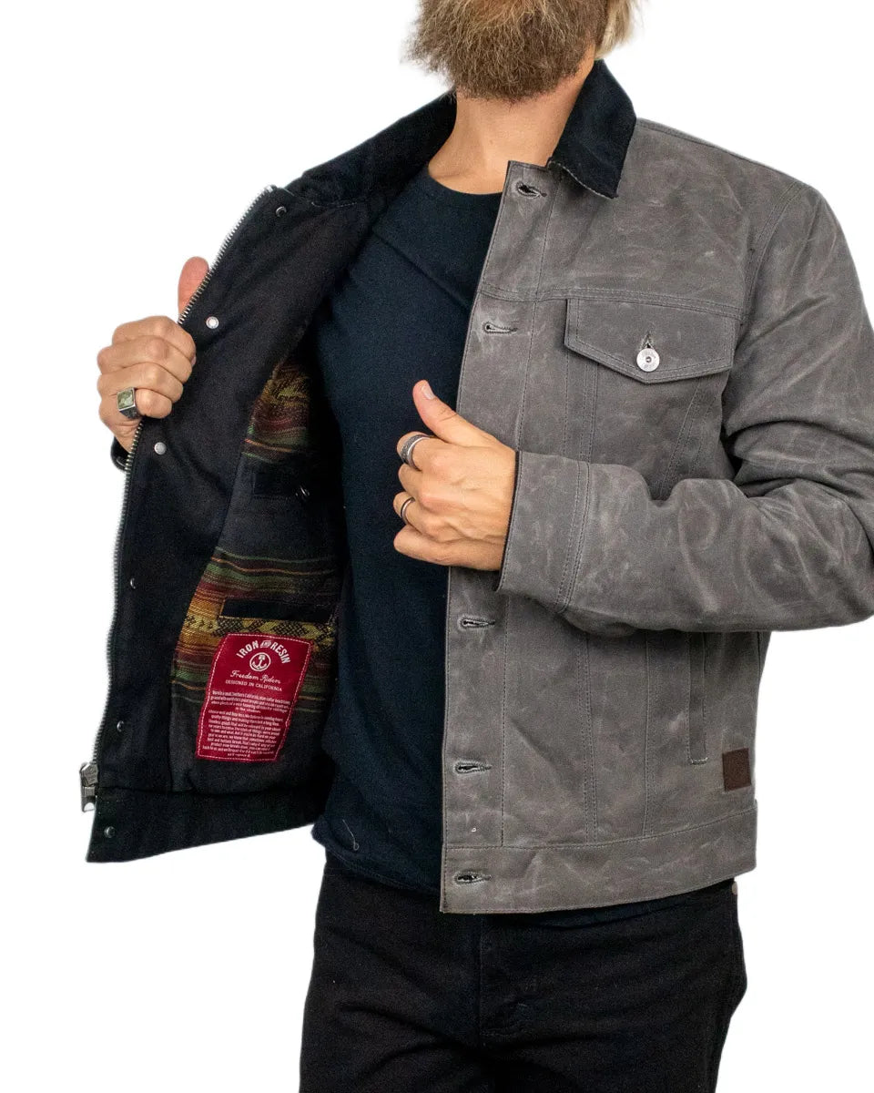 Iron & Resin Scout Jacket i koksgrå vaxad canvas, insidan med flanellfoder