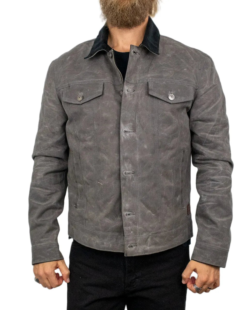 Iron & Resin Scout Jacket i koksgrå vaxad canvas, framsida knäppt