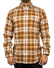 Carhartt Hamilton flanellskjorta i brun ruta, framsida med bröstfickor