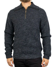 Lee Mock Neck Zip stickad tröja i svartgrått, framsida med öppen dragkedja